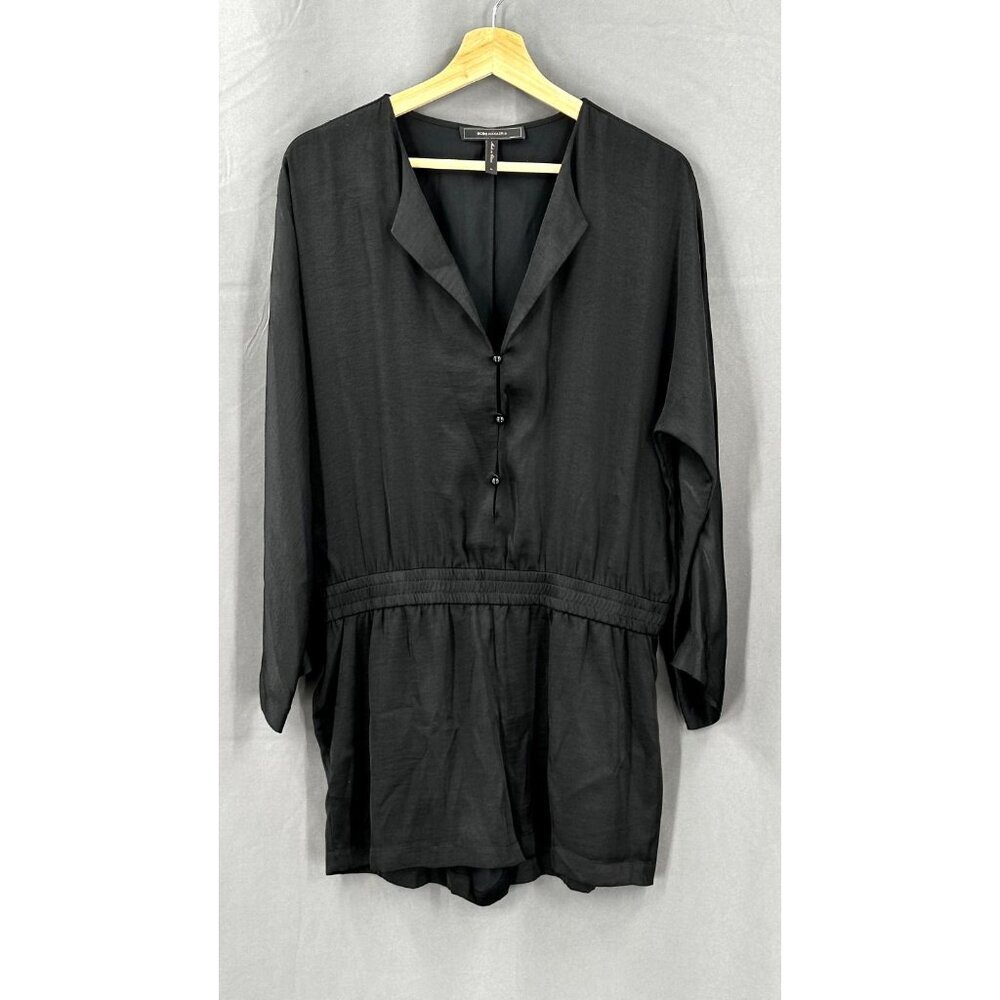 BCBG Maxazria Romper Women M Black Satin Button Long Sleeve Gothcore Evening